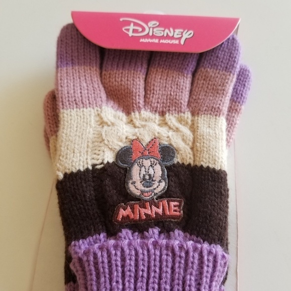 NEW with Tag Disney Minnie Mouse Winter Knit Striped Color Block Purple Gloves - Picture 2 of 2